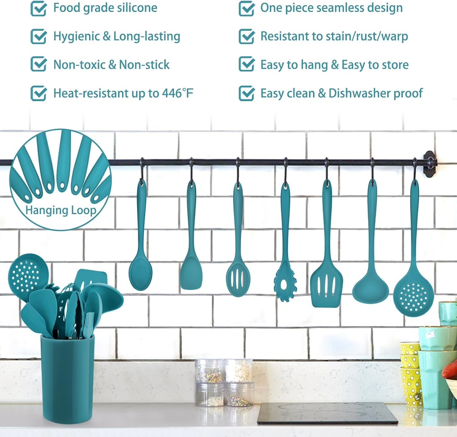 Silicone Kitchen Utensil Set,  12 Piece Cooking Utensils with Holder, Heat Resistant Kitchen Tools Spatulas Set for Cooking Baking Mixing, Safe for Non Stick Cookware (Dark Blue)
