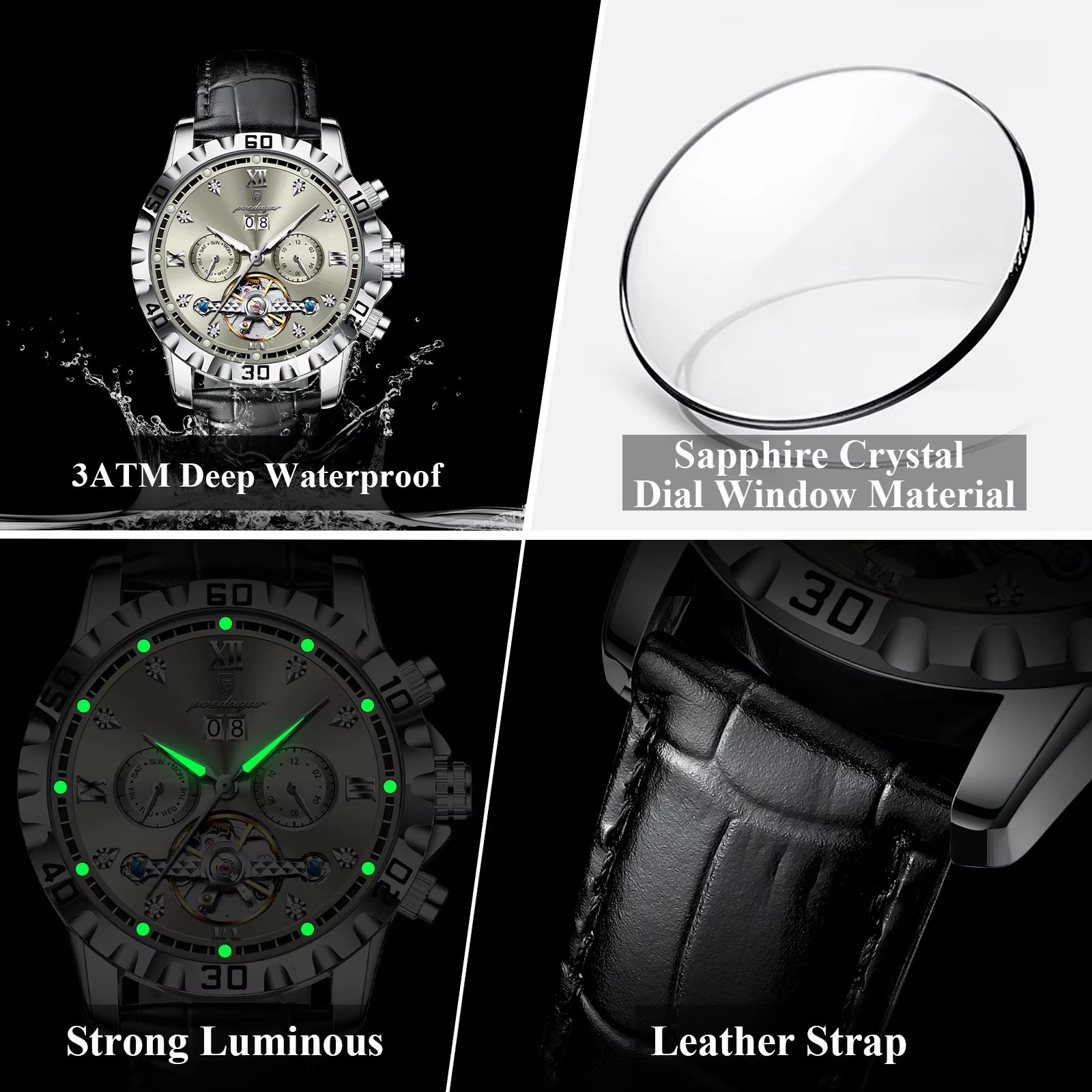 Fashion Men Wristwatch Luxury Hollow Tourbillon Luminous Date Week Man Clock Automatic Mechanical Leather Men'S Watches