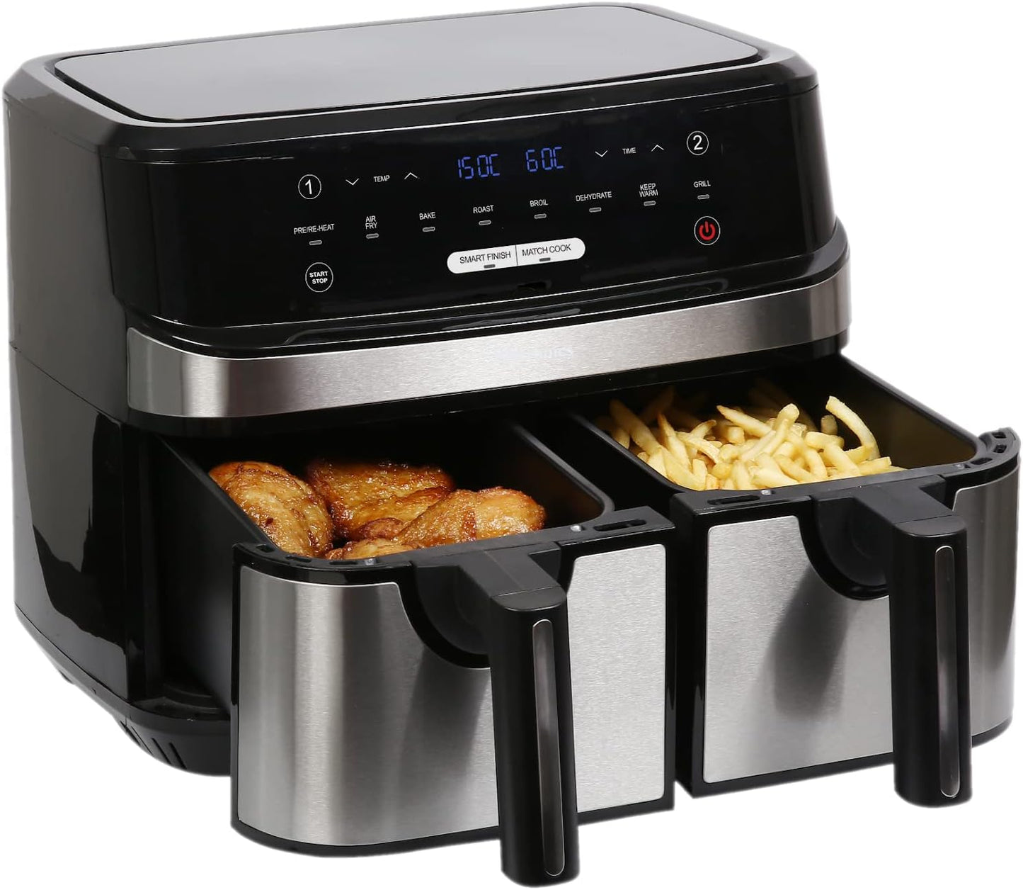EMAFDD9LSL Dual Air Fryer Extra Large Family Size Double XL 9 Litre with 8 Pre-Set Menus for Oil Free & Low Fat Healthy Cooking, Easy Clean Metal Interior, 99-Minute Timer - Stainless Steel