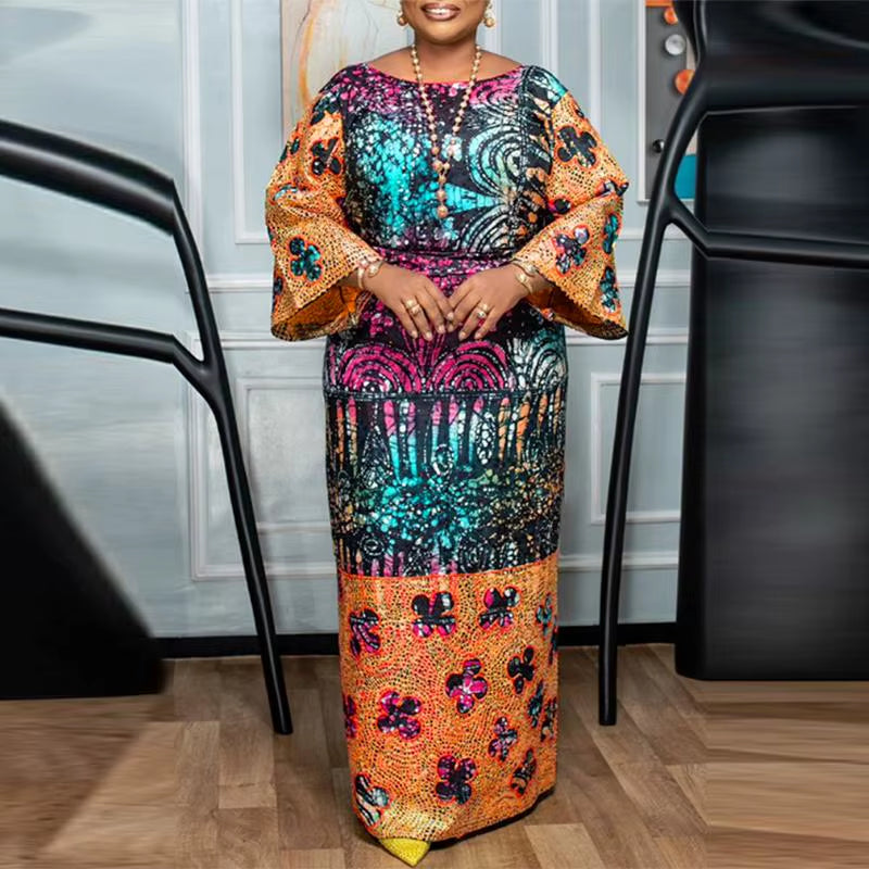 Women Long Maxi Dress Bohemian Printed Vestidos 2024 Vintage Crew Neck Flare Sleeve Party Vestidos Casual Loose Sundress