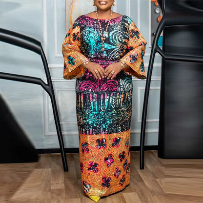 Women Long Maxi Dress Bohemian Printed Vestidos 2024 Vintage Crew Neck Flare Sleeve Party Vestidos Casual Loose Sundress