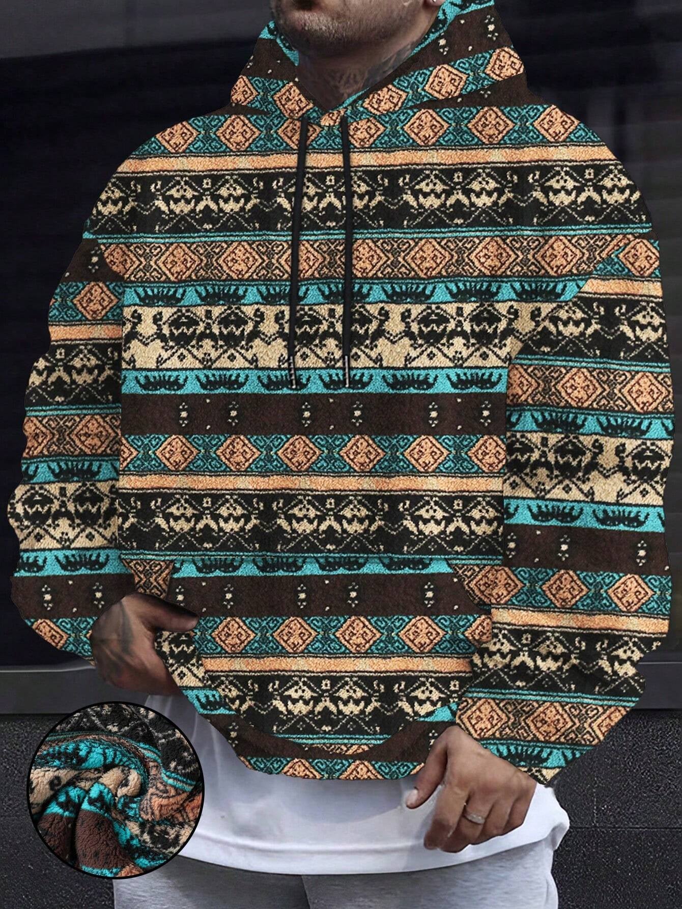 Men'S Totem Print Hooded Sherpa Fleece Sweatshirt