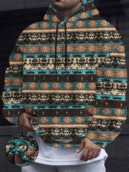 Men'S Totem Print Hooded Sherpa Fleece Sweatshirt