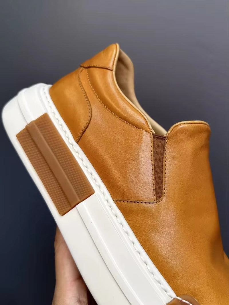 Vintage Men High Quality Horsehide Genuine Leather Slip on Loafers Thick Platform Low Cut Casual Shoes Autumn outside Sneakers