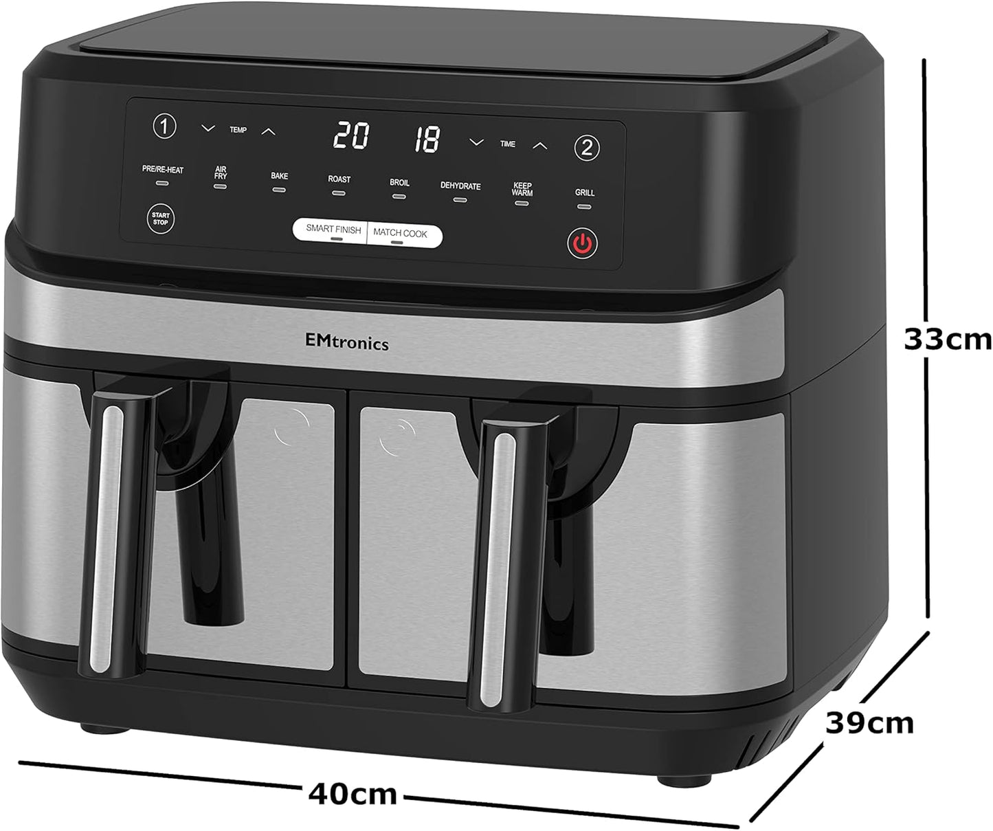 EMAFDD9LSL Dual Air Fryer Extra Large Family Size Double XL 9 Litre with 8 Pre-Set Menus for Oil Free & Low Fat Healthy Cooking, Easy Clean Metal Interior, 99-Minute Timer - Stainless Steel