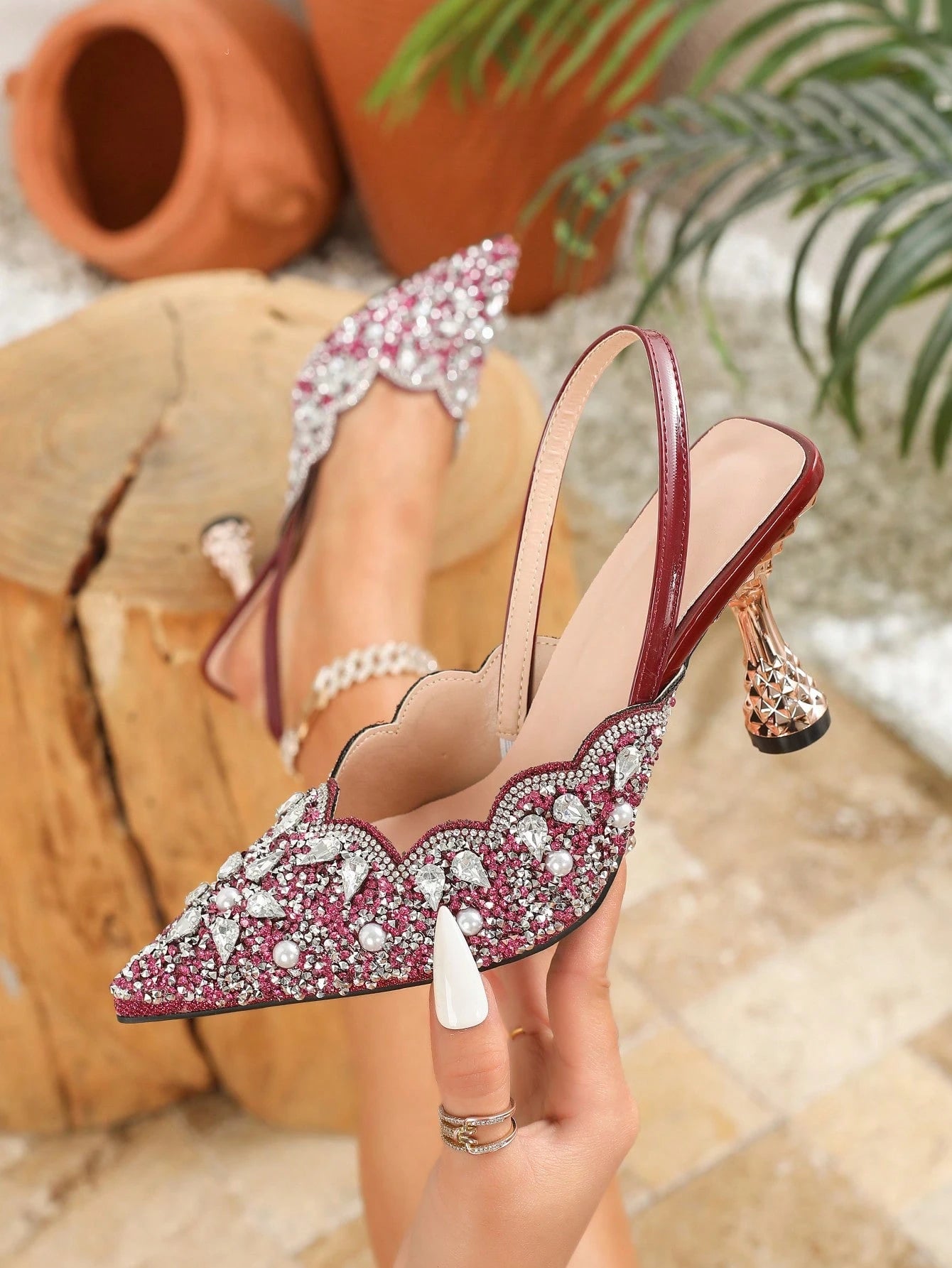 Pink Elastic Strap Back Rhinestone Women'S Sandals, Pointed Toe Backless Square High Heel Shoes, Unique Design