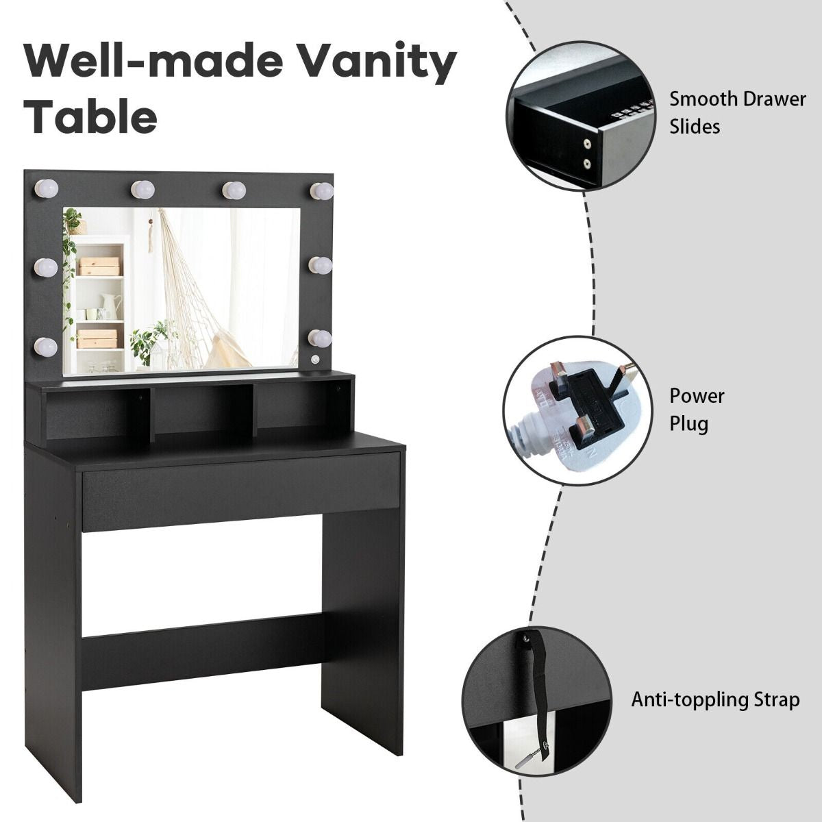 Contemporary Dressing Table Set Featuring LED Illuminated Mirror and Storage Drawer