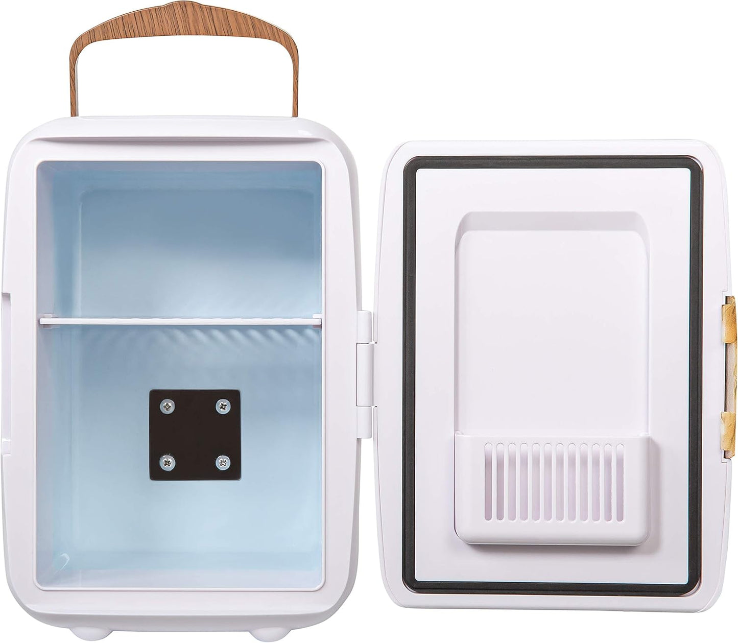 RH4CLR1001SCW 4L/6 Can Mini Portable Cooler & Warmer for Drinks, Cosmetics/Makeup/Skincare, AC/DC Power, Scandi Style, White & Wood Effect, for Bedroom, Home, Caravan, Car