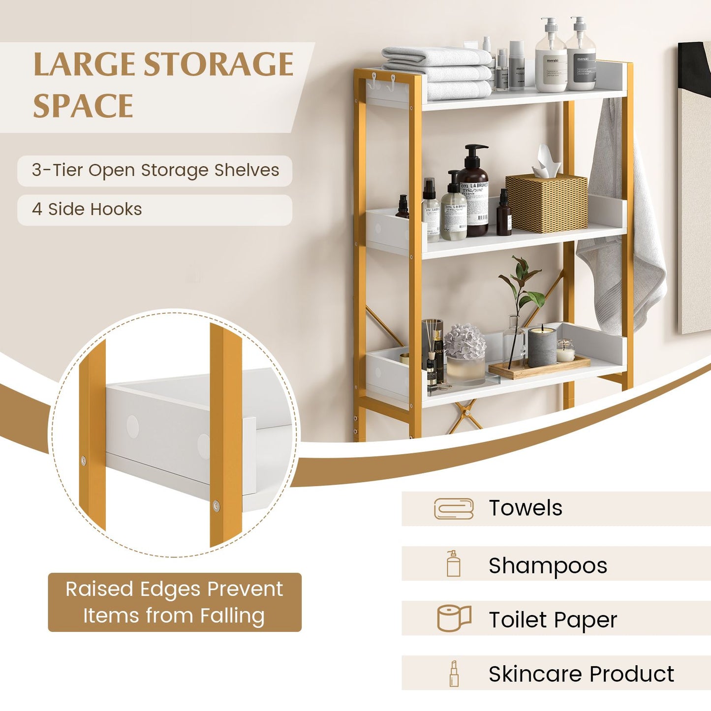 Three-Tier Over-the-Toilet Storage Rack with Four Hooks and Adjustable Base Bar