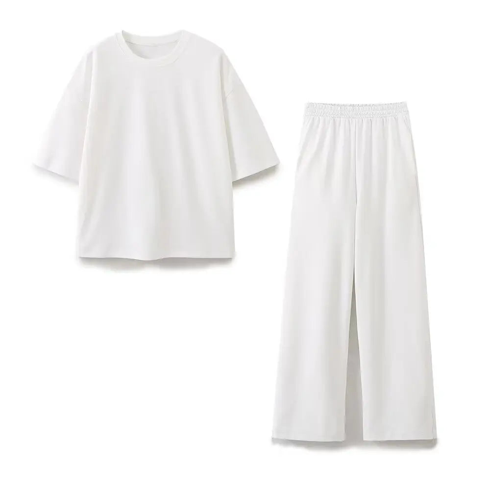2024 Women'S Solid Casual T Shirts Pant Set Short Sleeves O-Neck T-Shirt Top+Lace-Up Loose Side Pockets Straight Pant