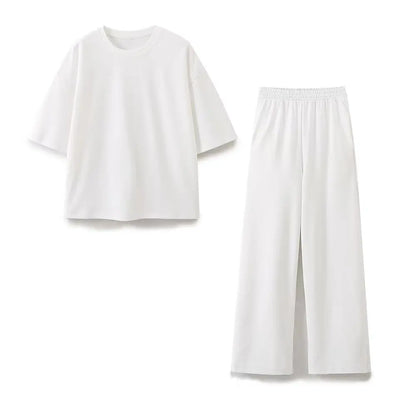 2024 Women'S Solid Casual T Shirts Pant Set Short Sleeves O-Neck T-Shirt Top+Lace-Up Loose Side Pockets Straight Pant