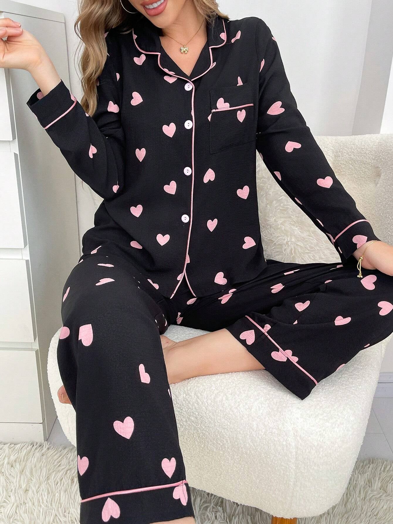 Contrast Color Trim Collared Cardigan & Heart Bubble Wrinkled Women Pajama Set