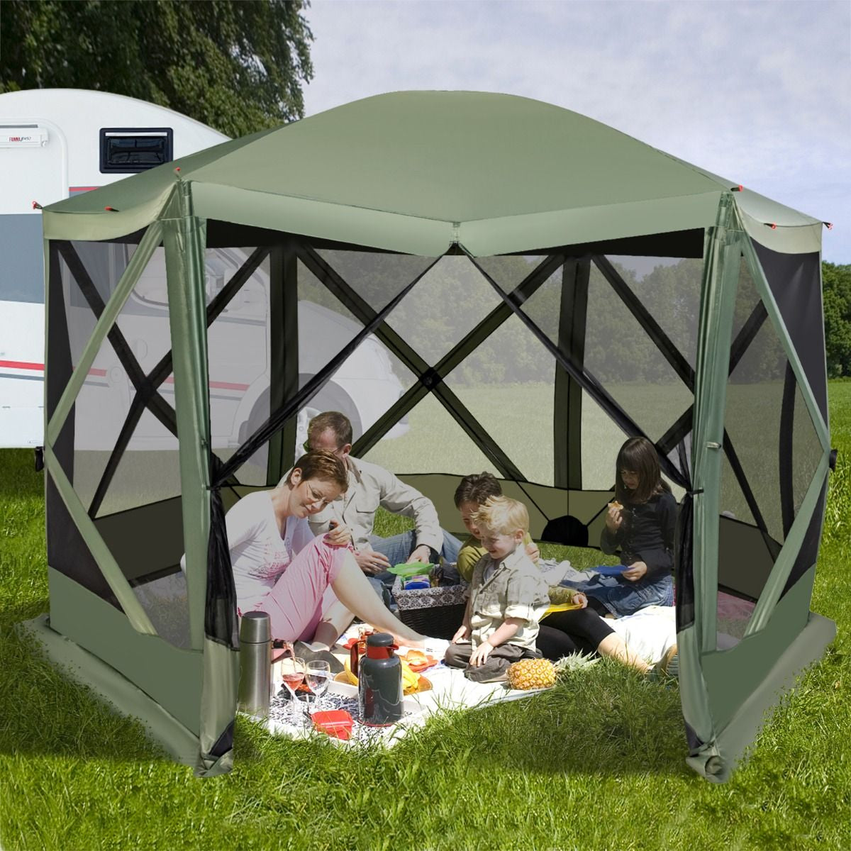 6-Sided Instant Setup Camping Gazebo with Portable Carrying Bag