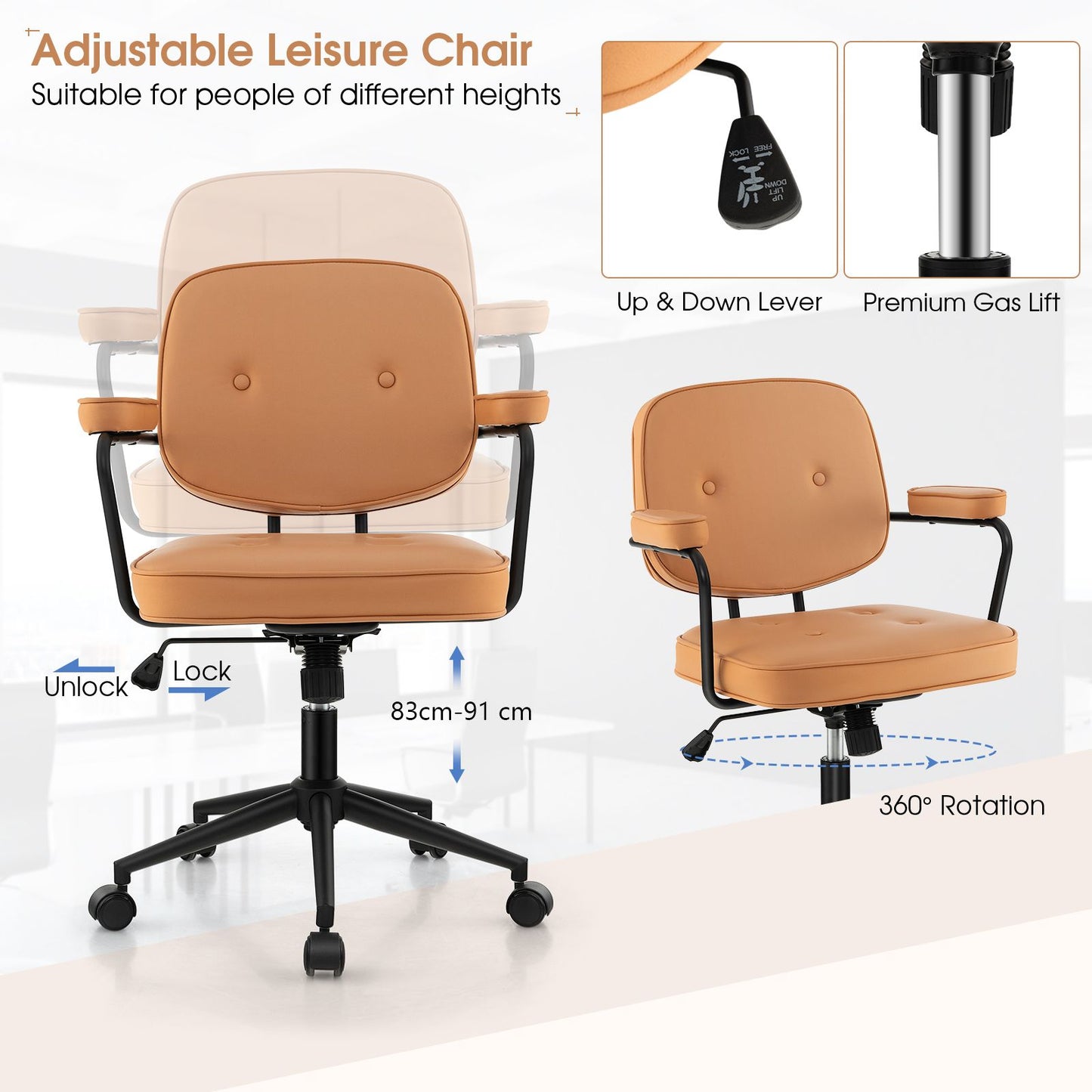 Ergonomic PU Leather Executive Swivel Chair with Adjustable Rocking Backrest in Vibrant Orange