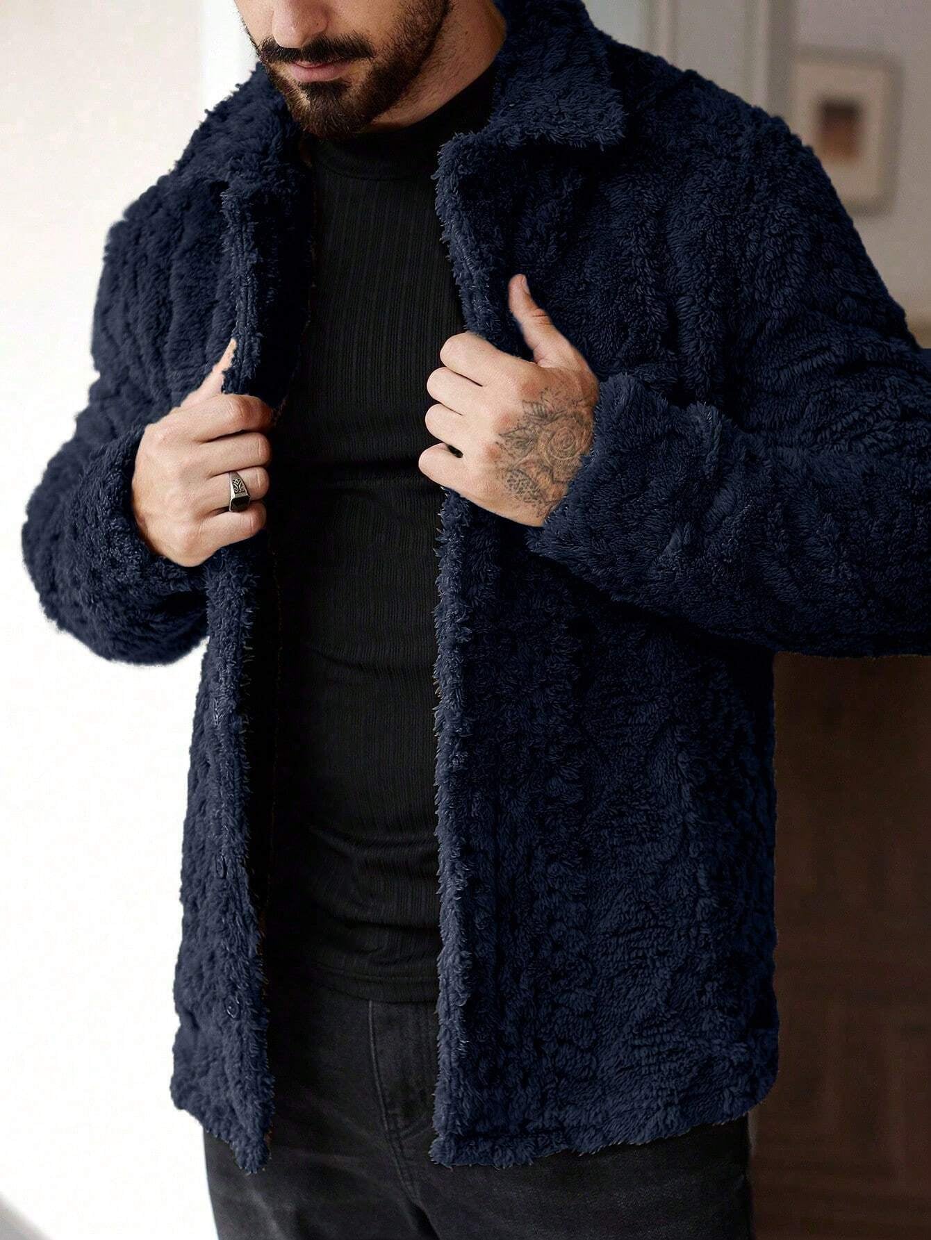 Manfinity Homme Men'S Casual Solid Color Fuzzy Jacket for Autumn/Winter ,Men Flannel,Winter Men Jacket, Going Out Warm Long Sleeve Jacket, for Friends, Husband, Boyfriend Gifts