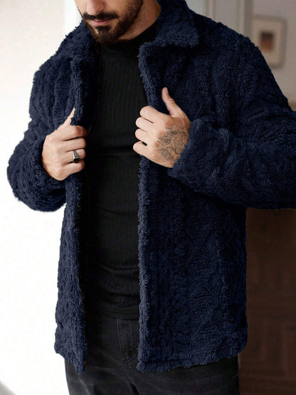 Manfinity Homme Men'S Casual Solid Color Fuzzy Jacket for Autumn/Winter ,Men Flannel,Winter Men Jacket, Going Out Warm Long Sleeve Jacket, for Friends, Husband, Boyfriend Gifts