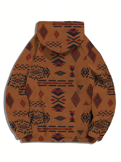 Men'S Totem Print Hooded Sherpa Fleece Sweatshirt