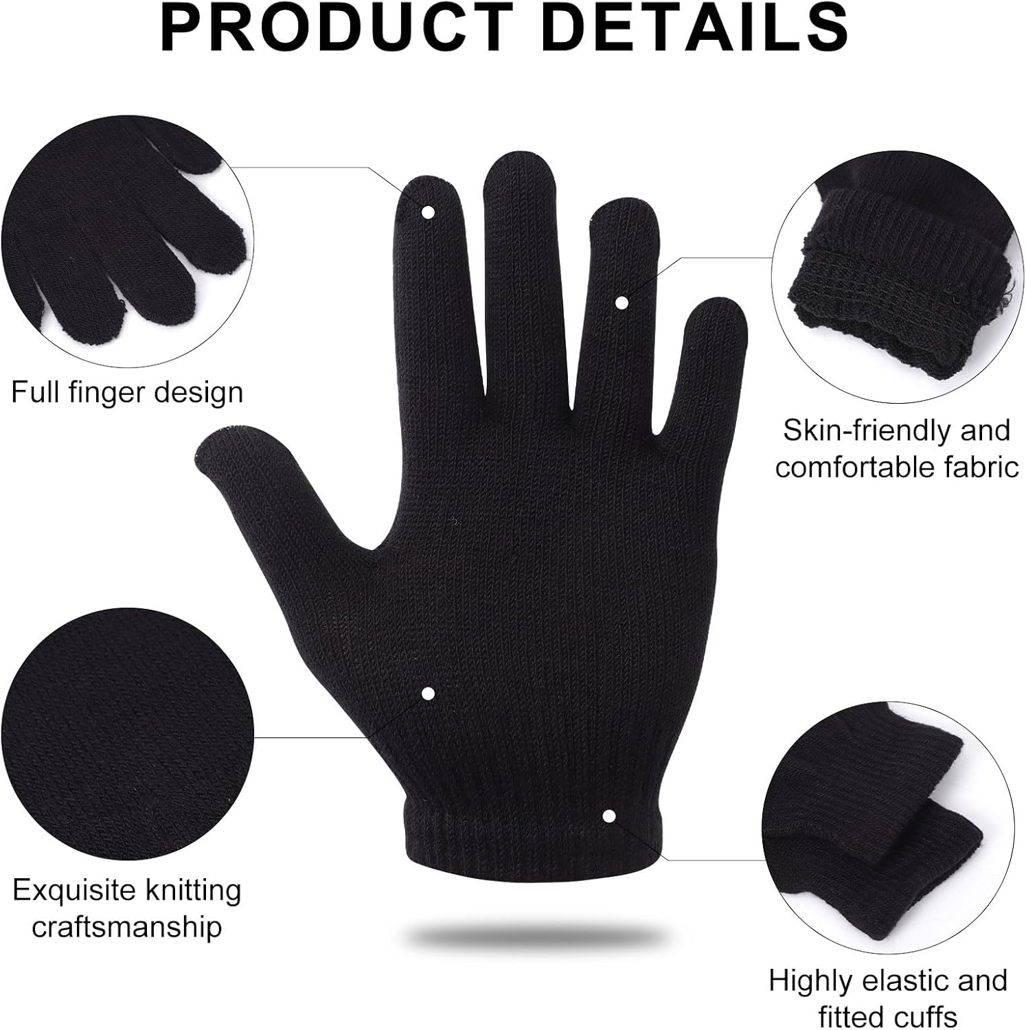 6 Pairs Winter Magic Gloves Kids, Warm Knit Stretch Black Full Finger Gloves for Girls Boys
