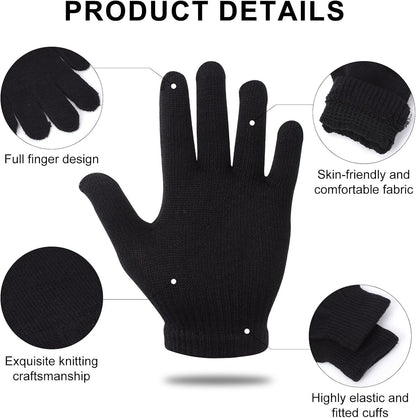 6 Pairs Winter Magic Gloves Kids, Warm Knit Stretch Black Full Finger Gloves for Girls Boys