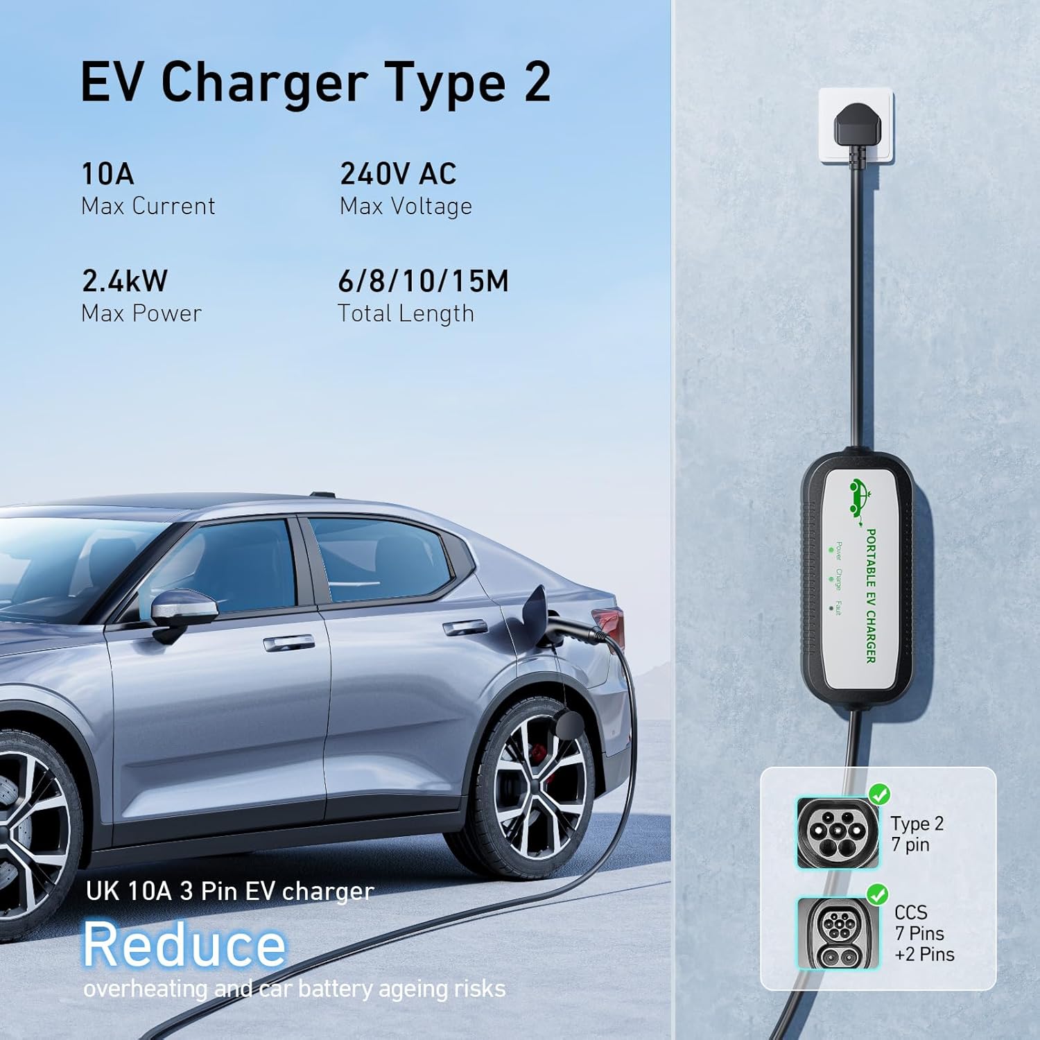 EV Charger Cable Type 2 to 3 Pin Plug 8M, 10A 3 Pin EV Charger Electric Car Charger, 2.3Kw Type 2 Charging Cable 3 Pin IP67/IP54 with LED Indicators&Bag, for Type 2 Evs&Phevs