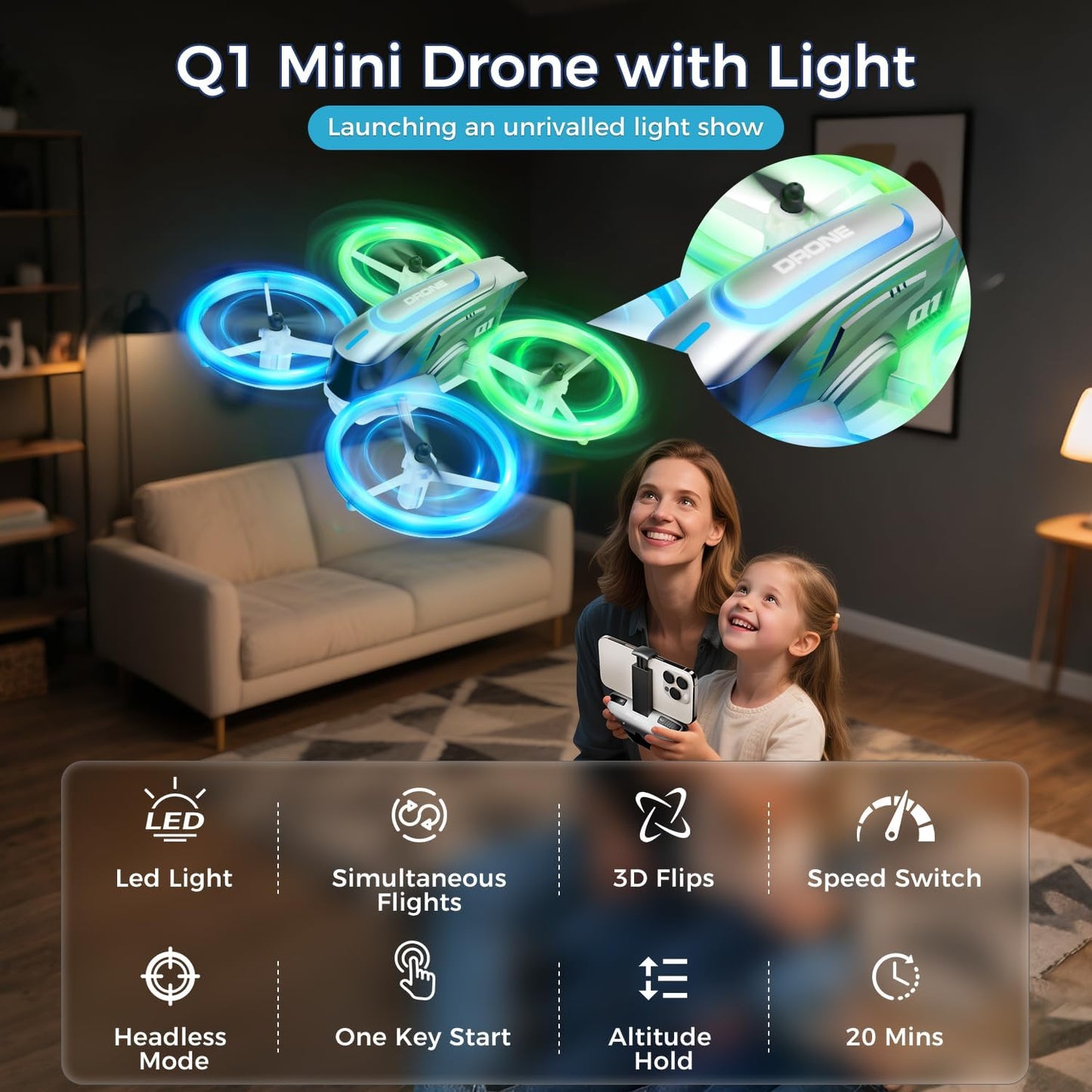 Q1 Mini Drone with Camera for Kids, Adults & Beginners, RC Quadcopter with Cool LED Lights, Headless Mode, 3D Flips, 2 Detachable Batteries, Drone Toys Gifts for Boys and Girls, Grey