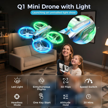Q1 Mini Drone with Camera for Kids, Adults & Beginners, RC Quadcopter with Cool LED Lights, Headless Mode, 3D Flips, 2 Detachable Batteries, Drone Toys Gifts for Boys and Girls, Grey