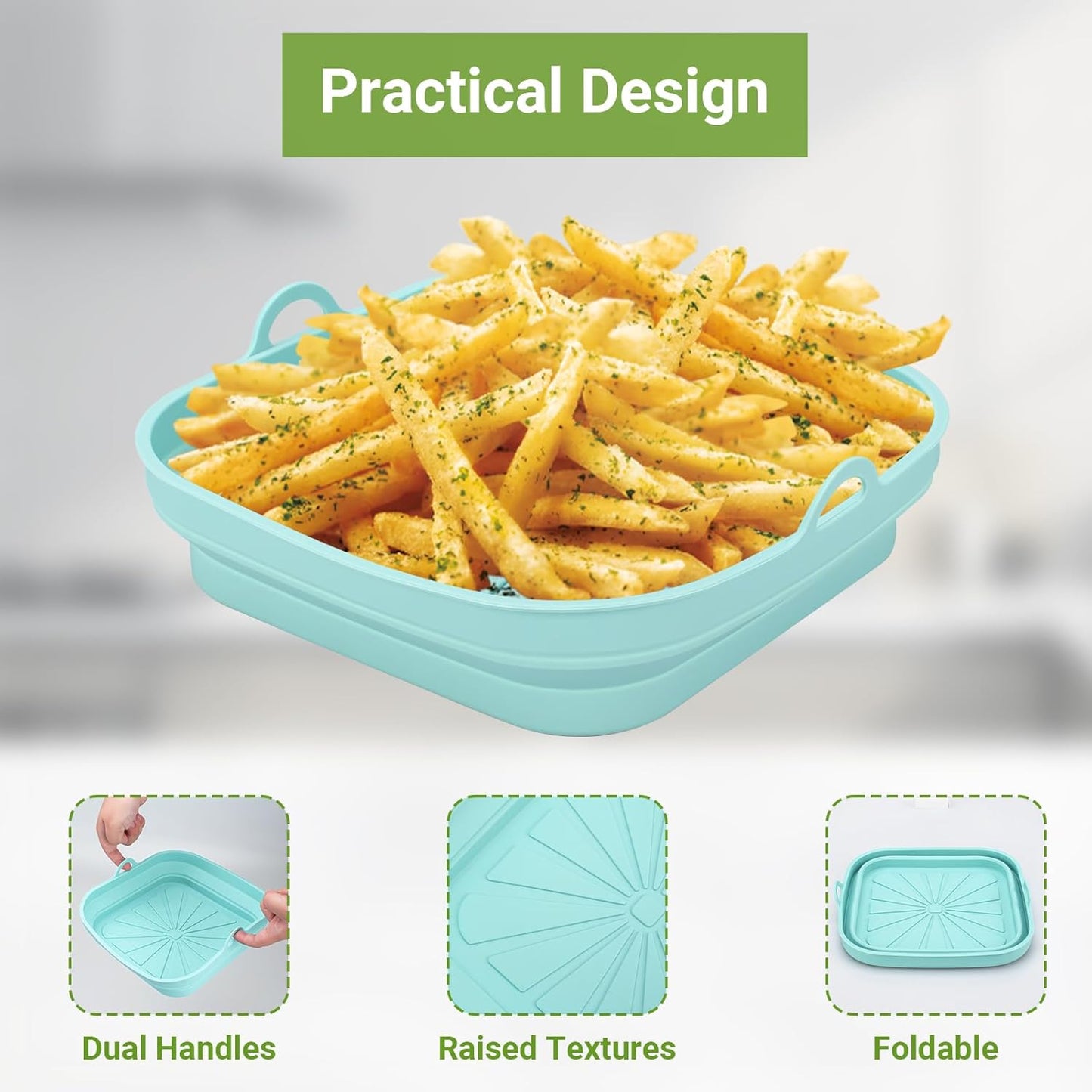 Silicone Air Fryer Liners 2PCS Reusable Airfryer Tray Foldable Kitchen Accessories Basket Versatile Square Baking Rack Pot for Microwave, Oven (Blue+Grey)