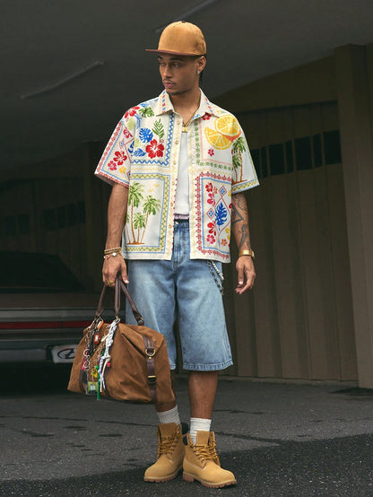 AXEPEAK Fashionable Street Style Floral Print Short Men'S Shirt, Streetwear Style