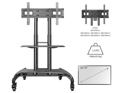 NB North Bayou TV Cart 32–75” | Mobile TV Stand with Wheels