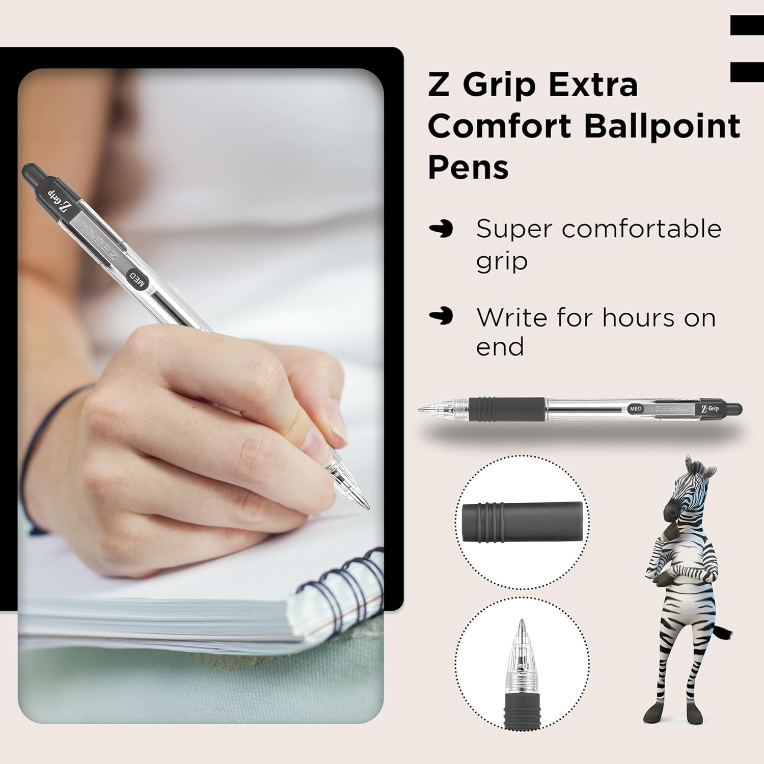 Zebra Pen Grip Black Ballpoint Pens with Pocket Clip 8Pk, Retractable Black Ink Ballpoint Pens, Reliable Black Biro Pens Multipack for Everyday Use Design, New Pack Size 8Pk
