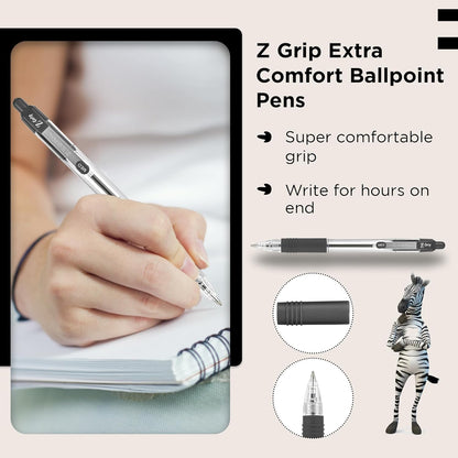 Zebra Pen Grip Black Ballpoint Pens with Pocket Clip 8Pk, Retractable Black Ink Ballpoint Pens, Reliable Black Biro Pens Multipack for Everyday Use Design, New Pack Size 8Pk