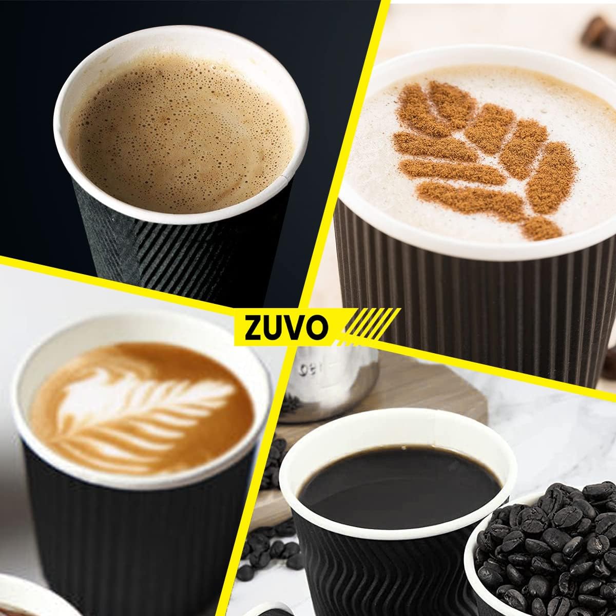 Zuvo 50 Pack Takeaway Coffee Cups with Lids | Disposable Insulated Triple Wall Ripple Kraft Paper Coffee Cups for Takeaway Coffee, Tea or Hot Liquids | Pack of 50 (16 Oz.)