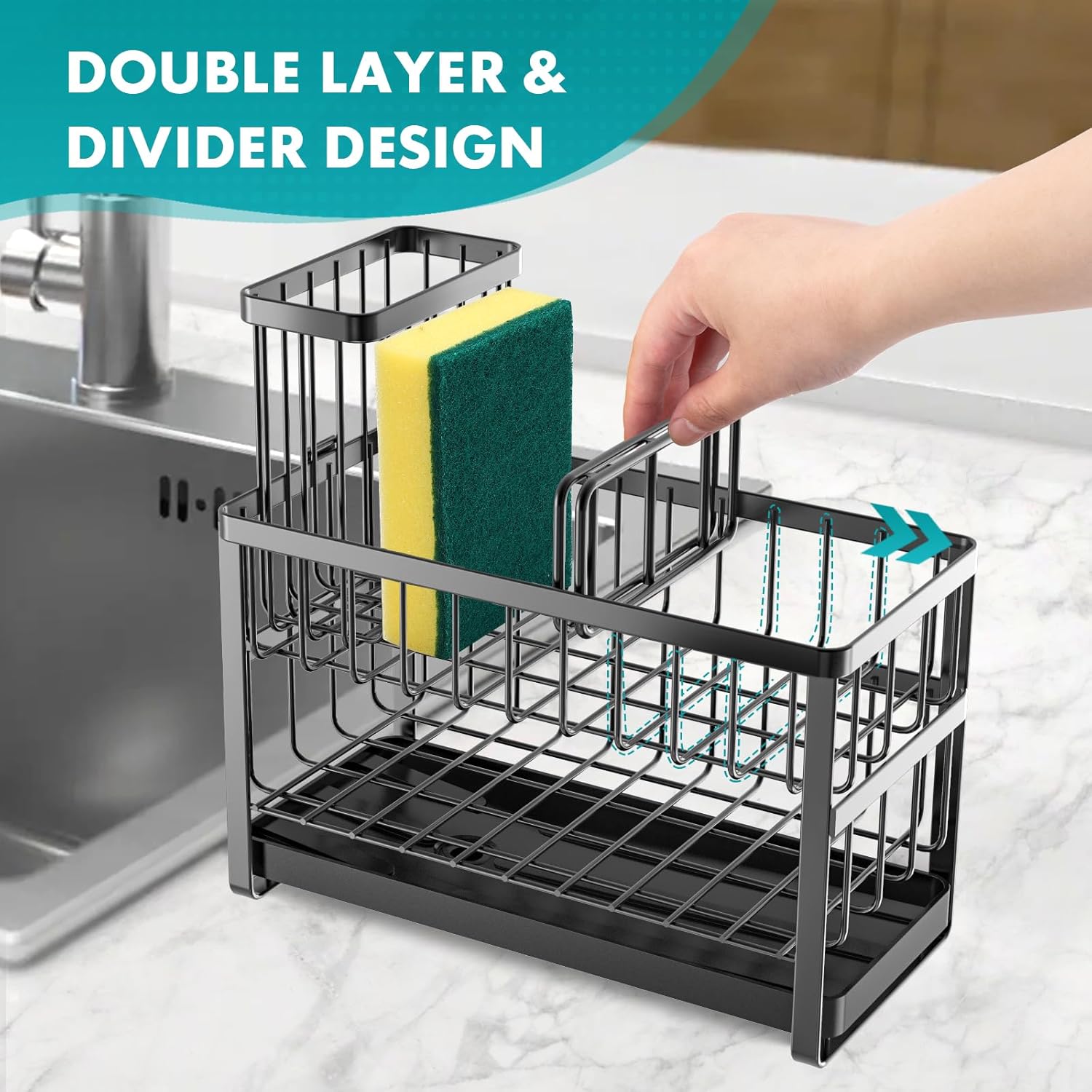 Sink Caddy Organiser Kitchen Sink Tidy Organizer,2 Tier Soap Dish Tray Washing up Caddy Sinkware Organiser,Sponge Holder for Kitchen Accessories Storage Rack with Brush Holder