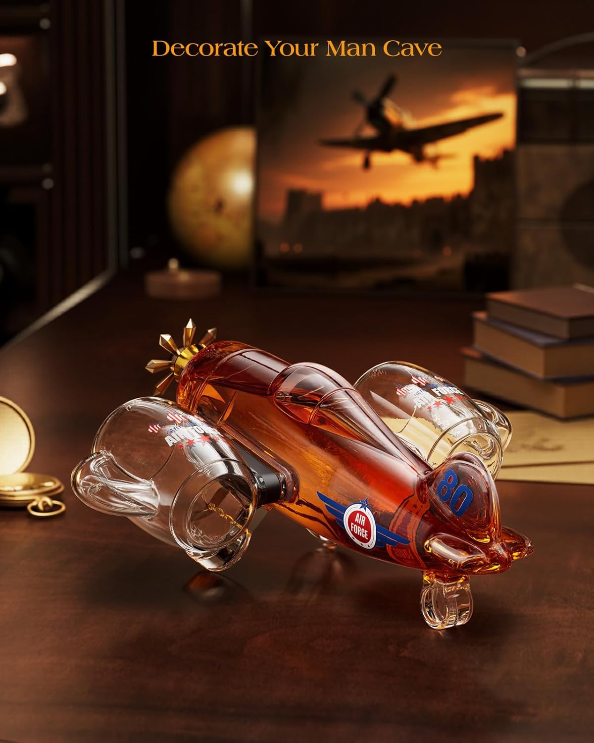 Birthday Gifts for Men Dad,  Fighter Aircraft Whiskey Decanter Set with Whiskey Glasses, Cool Anniversary Fathers Gift Ideas for Him Husband Brother, Funny Military Present, Bar Drinking Party