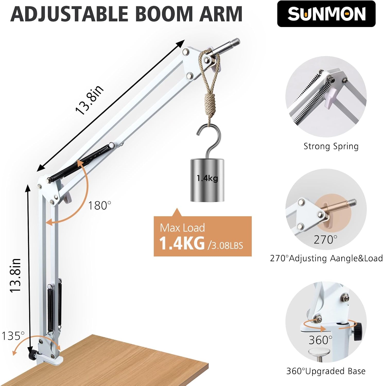 for Fifine AM8 White Boom Arm,Universal Microphone Boom Arm with 3/8" to 5/8" Screw Adapter Clip, Desk Clamp Studio Boom Arm Podcast Mic Arm, Compatible with Fifine AM8 and Most Microphones