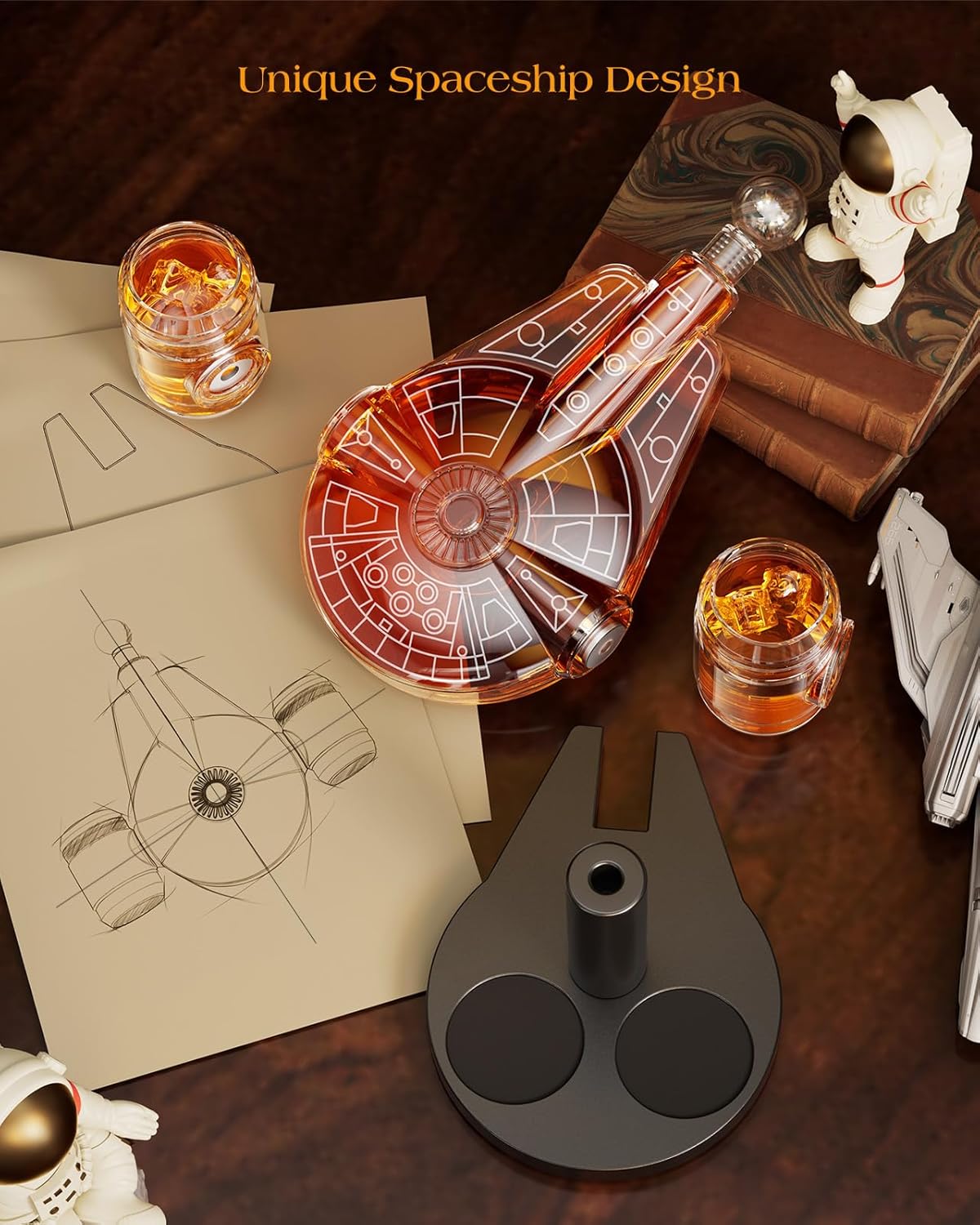 Fathers Day Birthday Gifts for Men Dad, Galaxy Spaceship Whiskey Decanter Sets for Men, Spacecraft Limited Edition, 2 Funny Shot Glasses, Unique Guys Brother Gift Ideas, Liquor Decanter for Bar
