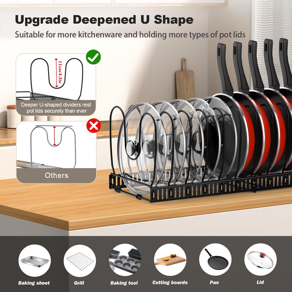 Pan Organiser for Cupboard, Expandable Pan Lid Holder with 14 Adjustable Dividers, Pot Lid Organiser Pan Storage Organizer Rack for Kitchen Cupboard, Black