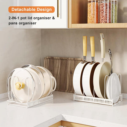 Expandable Pans Organiser Rack, Pan Lid Storage with 10 Adjustable Dividers, Pot Lid Holder, Kitchen Cupboard Organiser (White)