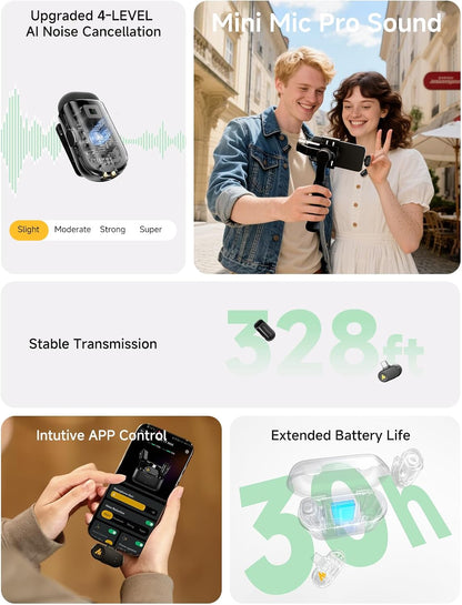 Wireless Microphone for Iphone 17/16/15 & Android, USB-C Wireless Mini Mic with Pro Sound, Noise Cancellation, AI Voice Changer, 30H Battery for Video Recording Vlog Tiktok Youtube,Wave T1 Mini