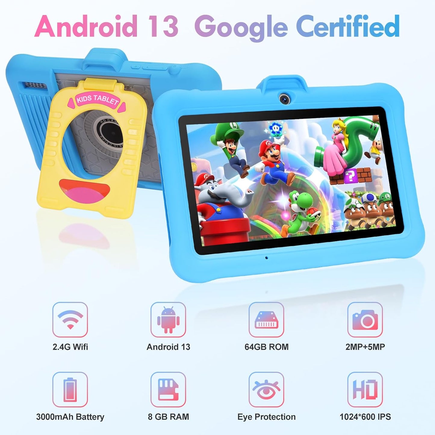 7 Inch Android Kids Tablet, 8 (3+5) GB RAM, 64GB ROM (TF 128GB), GMS Certified, Pre-Installed Apps, Educative, Parental Control, Wifi