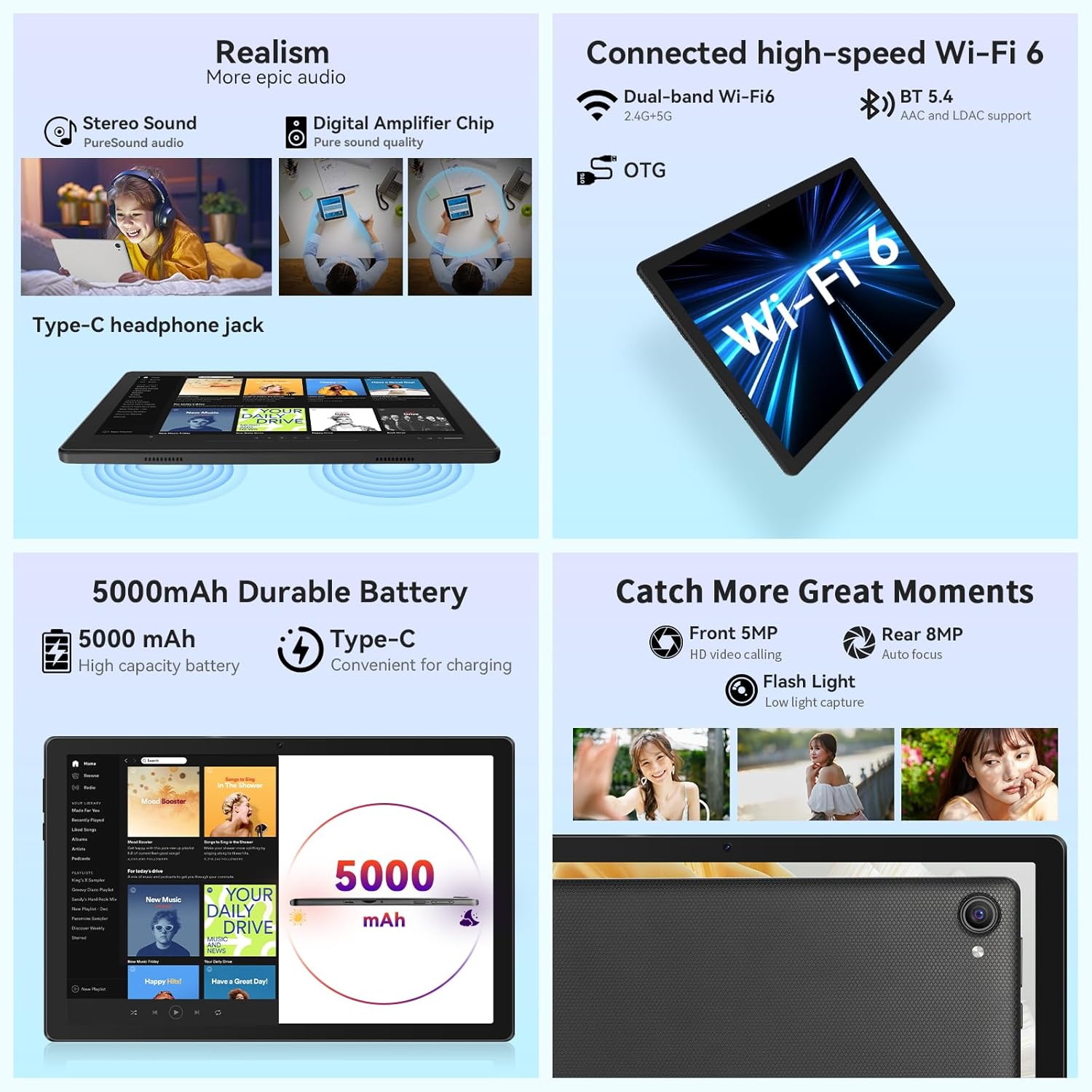 Whitedeer  10 Inch Octa-Core Processor Android 14 Tablet, Face ID丨OTG, 8GB+64GB/1TB TF, 1280*800丨5G Wifi丨Bt5.3丨Tab PC with Dual Camera 5MP+8MP, Support Split-Screen, 5000Mah, Widevine L1(Black)