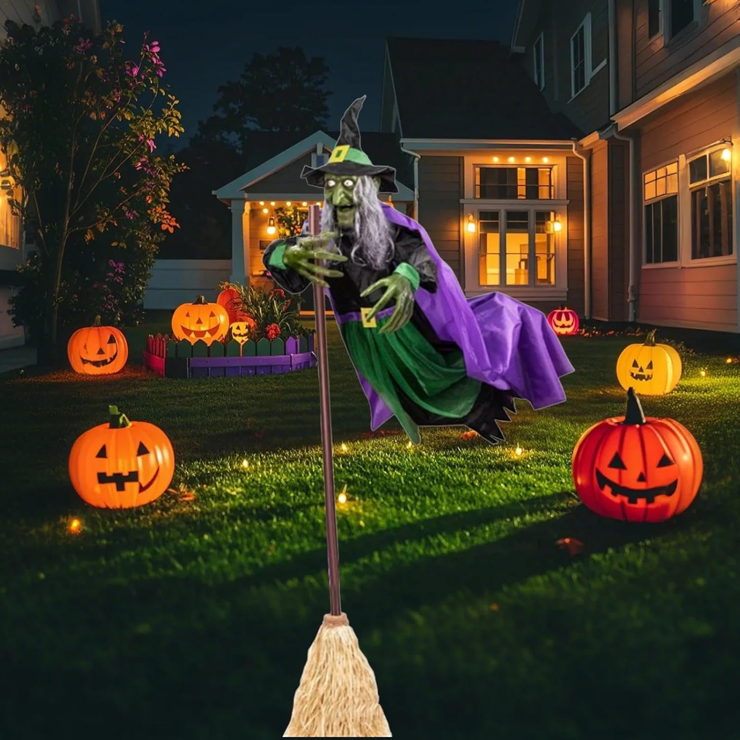 Halloween Animated Decorations Outdoor Scary Flying Hover Witch - 6Ft Flying Witch Decorations | Halloween Animated Props with Scary Sounds and Lights for Outdoor Garden Yard Halloween Decor