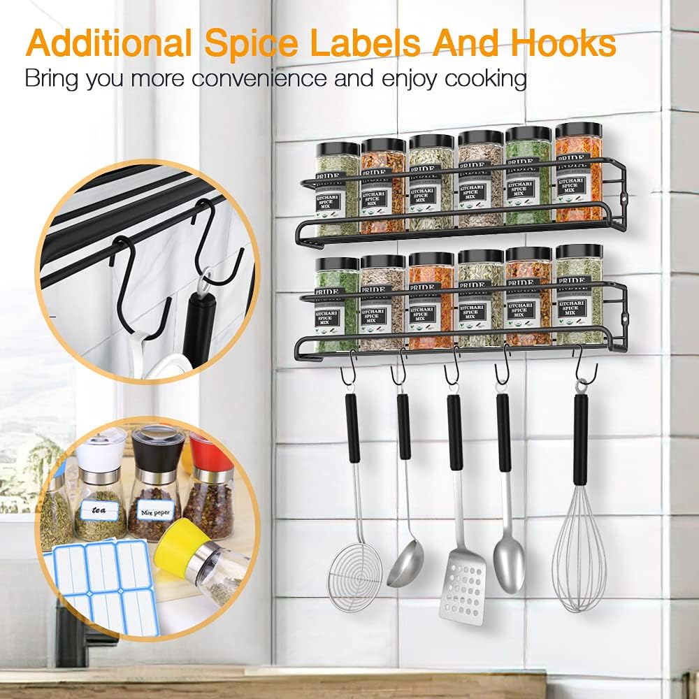 Spice Racks Organiser - 4 Tier Hanging Stainless Steel Wall Mounted with Adhesive Stickers & Screws Kitchen Pantry Shelf for Spices and Condiments, Jars (Black)