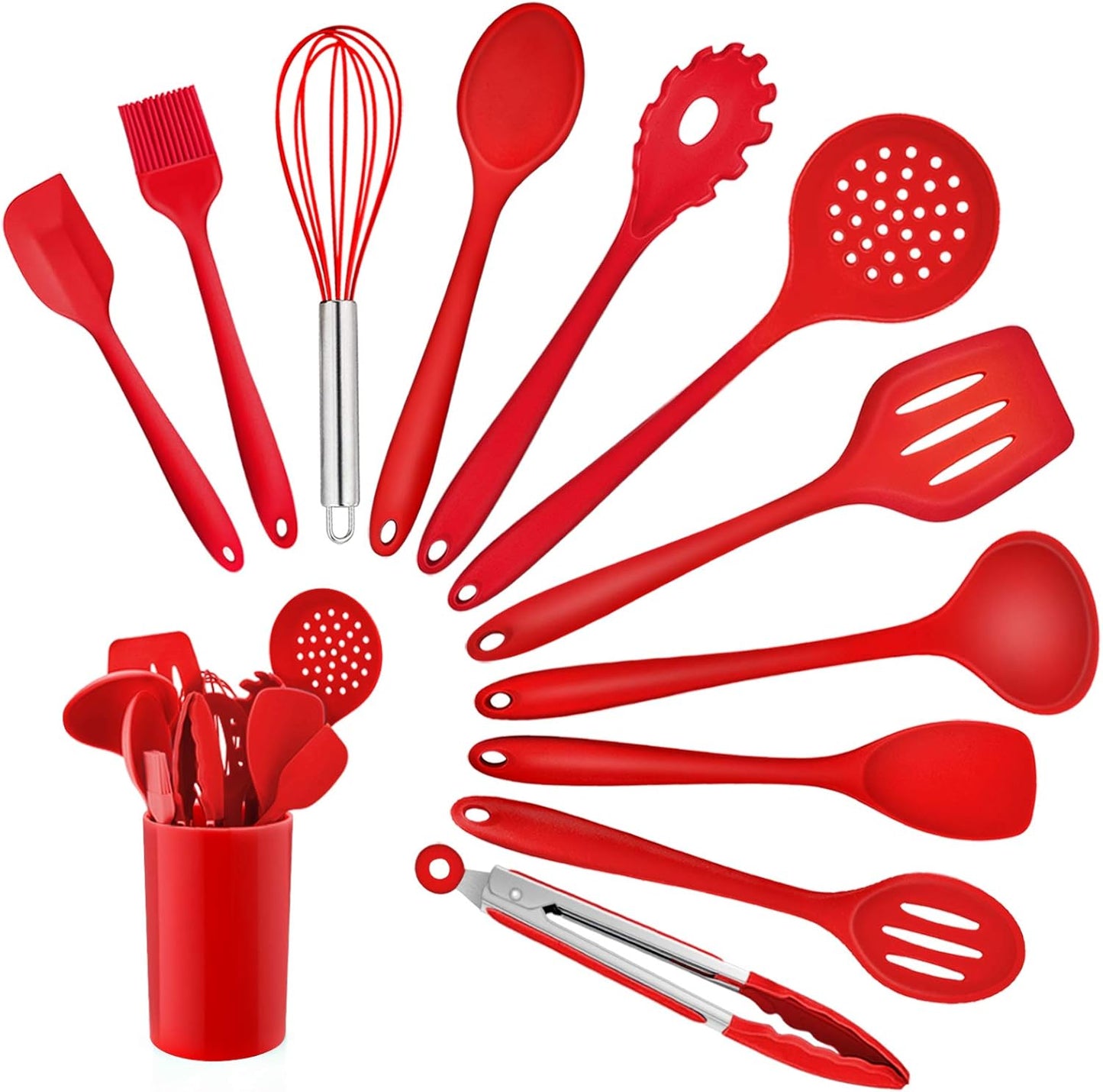 Kitchen Utensil Set,  12 Piece Cooking Utensils, Silicone Kitchen Utensils Set with Holder, Heat Resistant Kitchen Tools Include Spoons Turner Spatula Ladle Tong for Non-Stick Cookware, Red