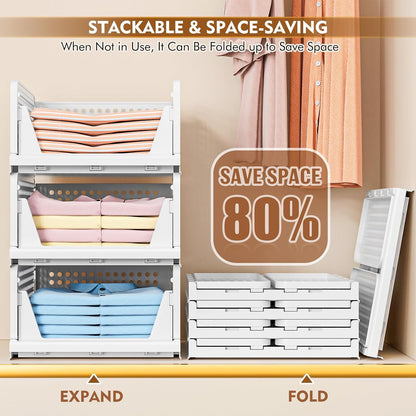 - Foldable Closet Organizer, 4 Pack Stackable Storage Boxes, Plastic Storage Baskets, Drawers for Bedroom, Kitchen and Bathroom Organization, White
