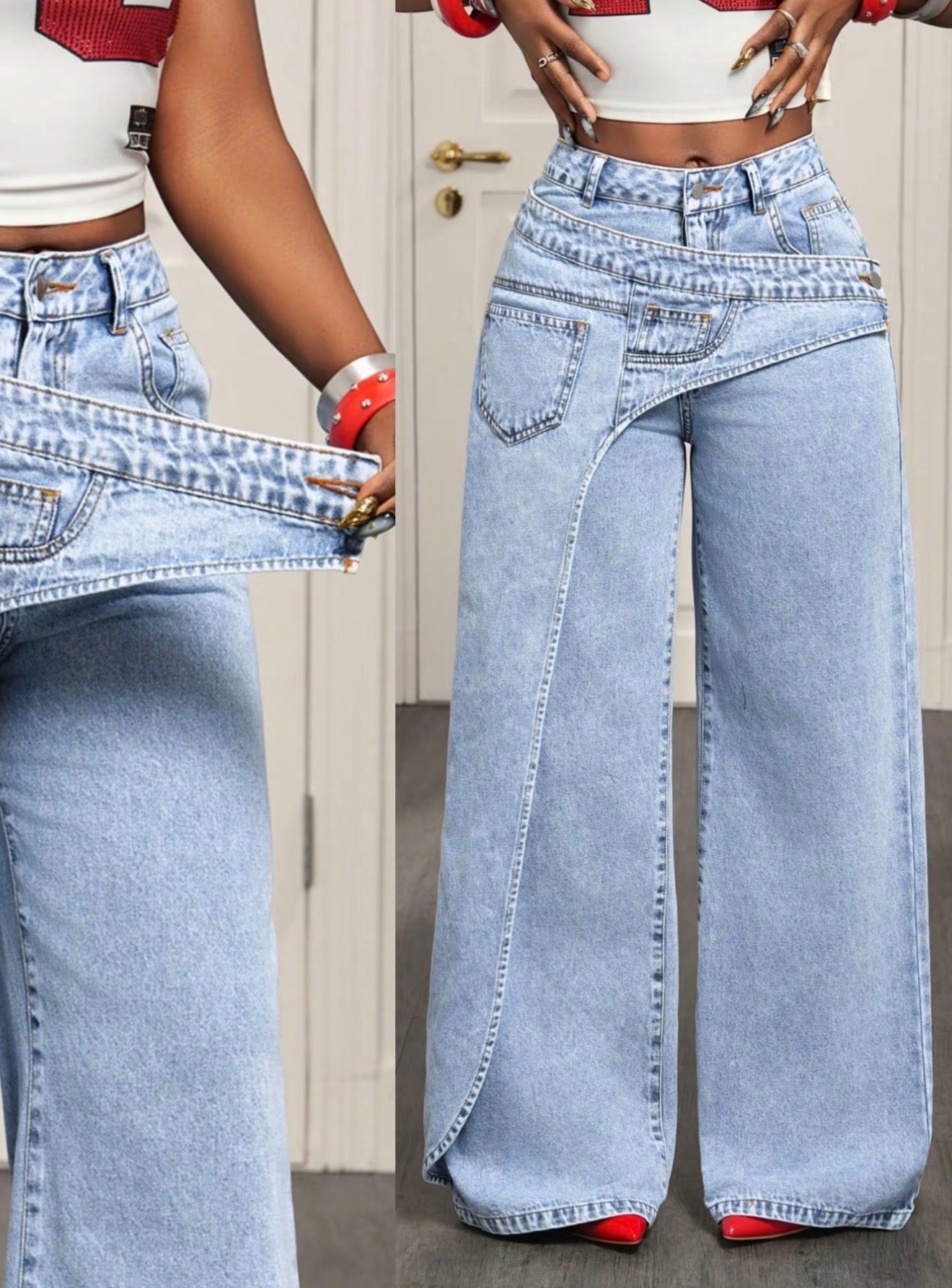 Women’s Casual Loose Fit Denim Long Pants Asymmetrical Design