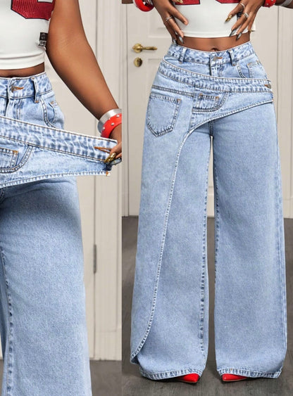 Women’s Casual Loose Fit Denim Long Pants Asymmetrical Design