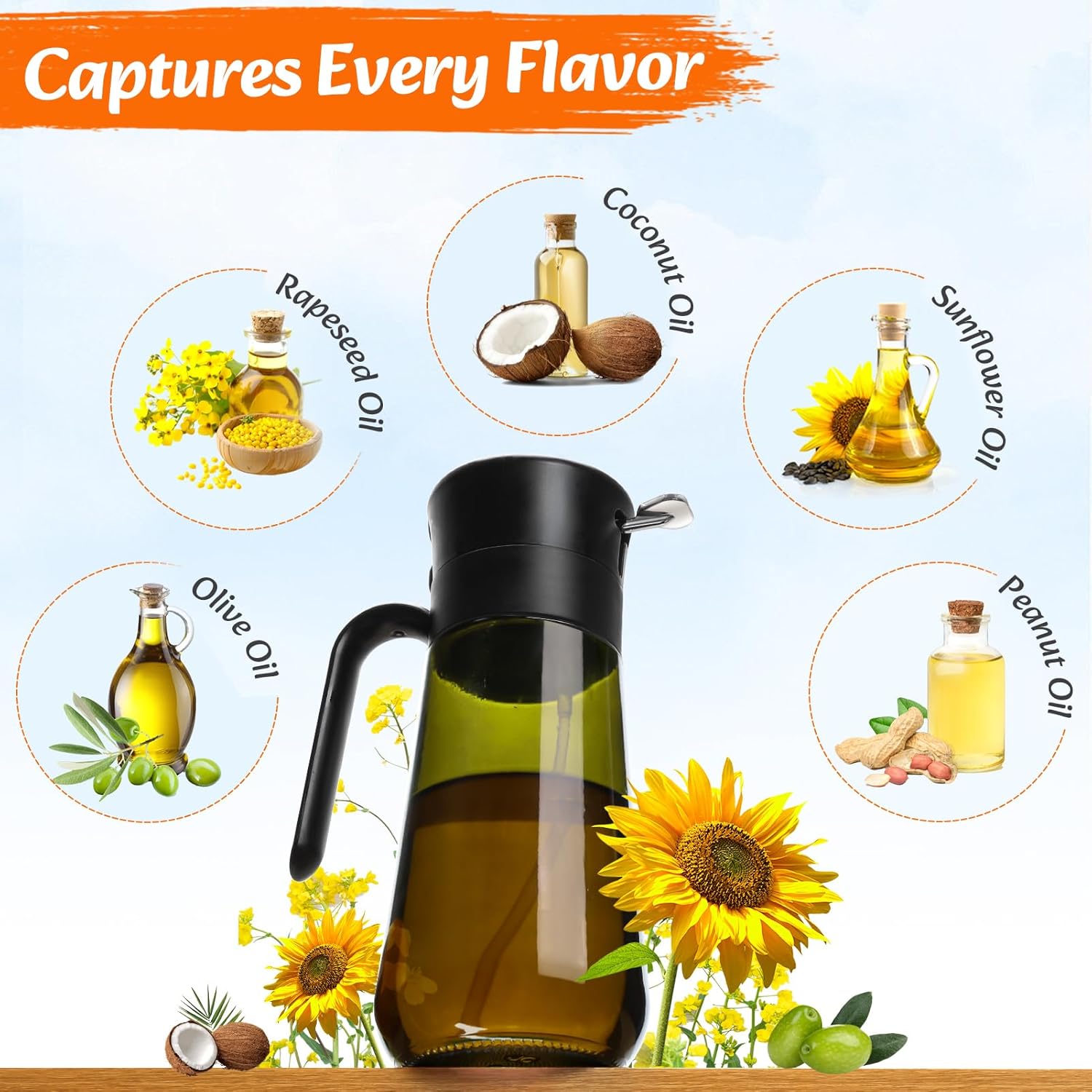 Oil Spray Bottle, 2-In-1 Oil Dispenser&Sprayer Light-Blocking Glass Oil Bottle[Fine Spray & Clog-Resistant Filter] Oil Sprayer for Kitchen Cooking, Air Fryer, Olive Oil/Vinegar/Sauce 580Ml