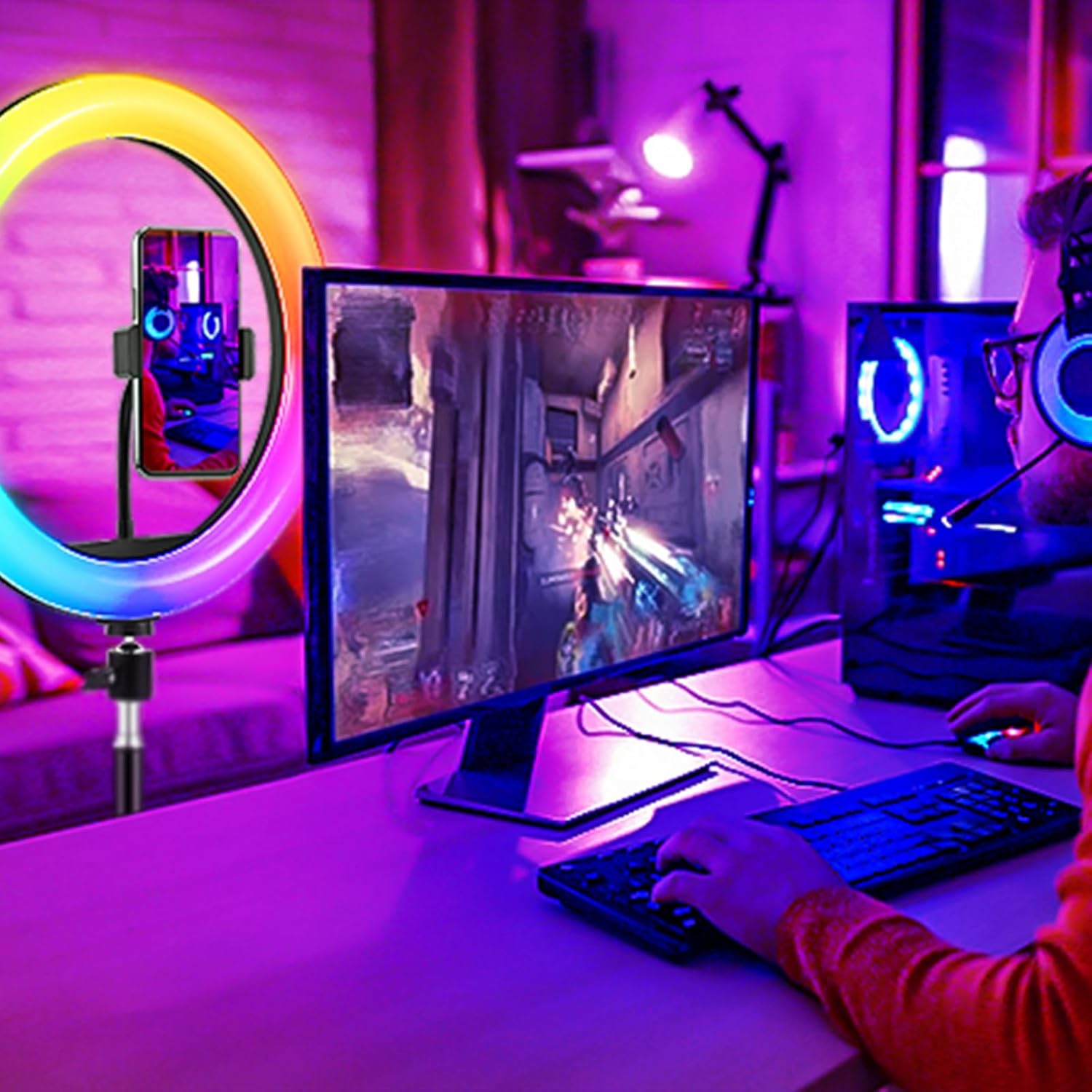 11.5'' Ring Light with Tripod Stand & Phone Holder Tall,  LED Professional Selfie Circle Ringlight with Remote for Makeup Youtube, Floor/Desk USB Halo Lamp with 40 RGB Modes 13 Brightness