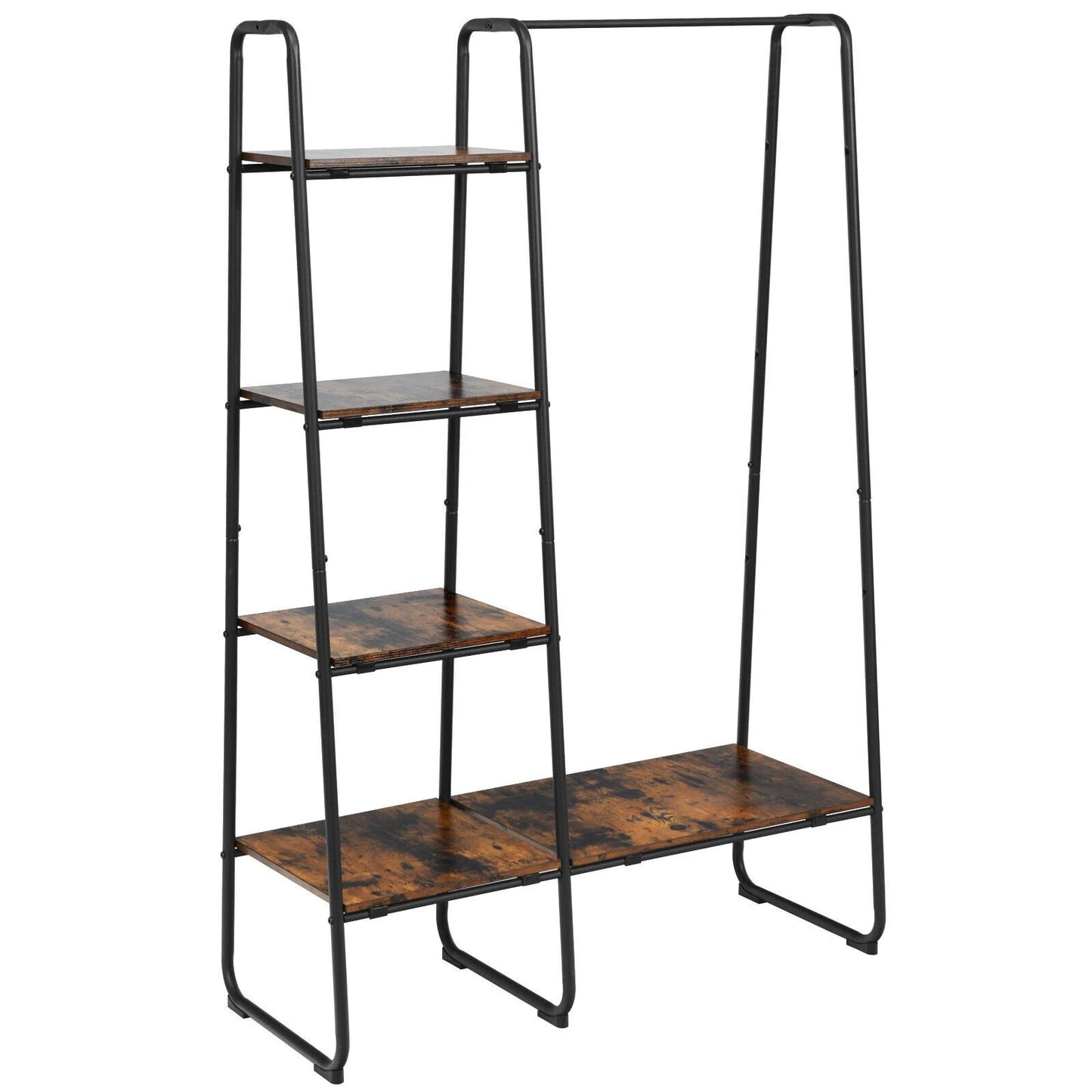 Free-Standing Clothing Rack with Five-Tier Wooden Shelves